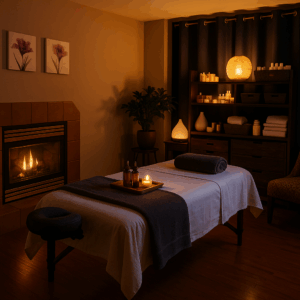 Luxury private massage studio designed for relaxation, comfort and sensual escape.